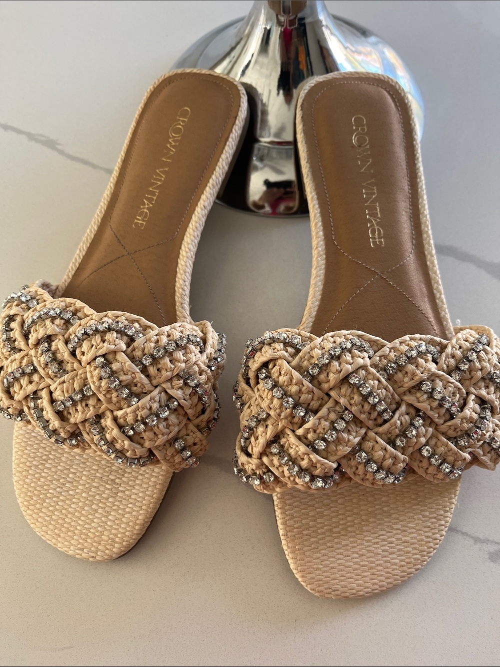 Crown Vintage Tan Braided Rhinestone Slide Sandals